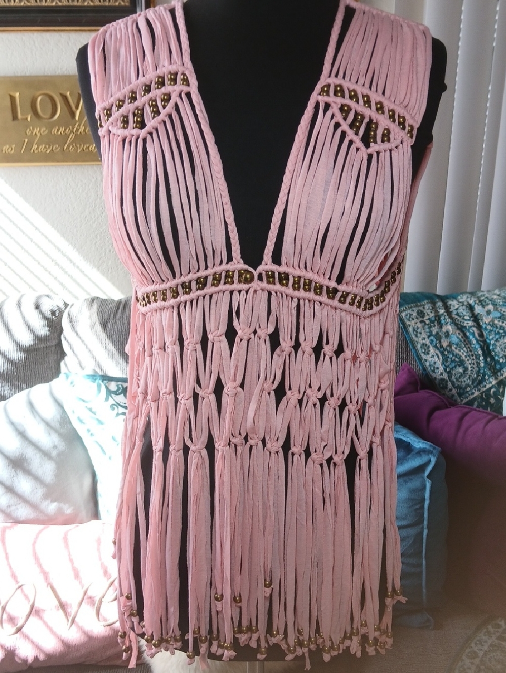 Boho Pink Macramé Fringe Vest with Beaded Trim - Picture 1 of 7